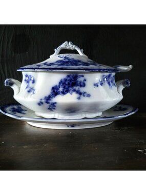 Antique W.H. Grindley Flow Blue Sauce Tureen With Ladle And Undertray c 1900